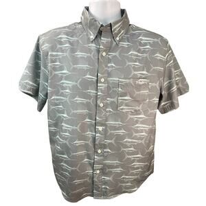 Hukt Shirt Mens small Gray Marlin/Swordfish Pint Polyester Button Short Sleeve